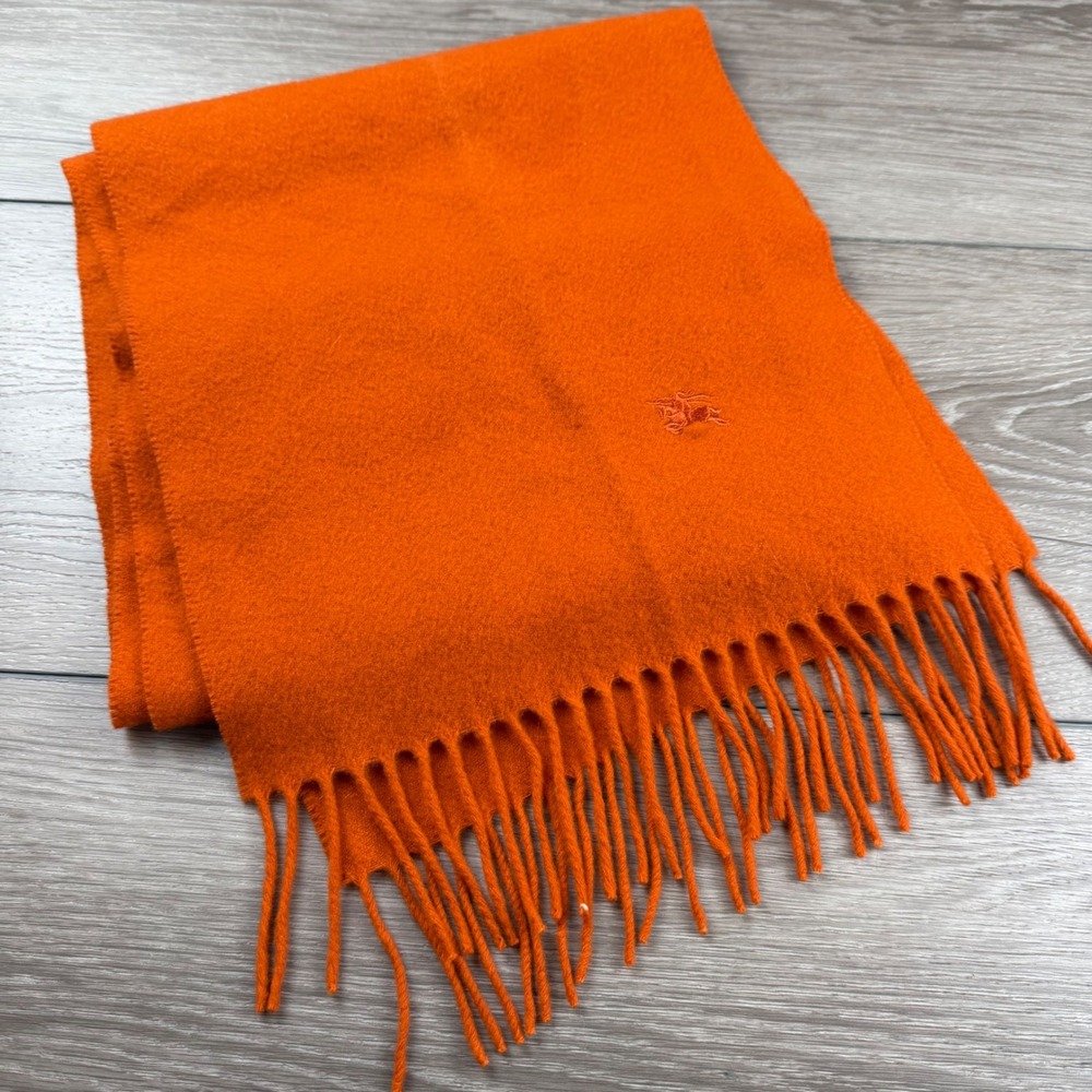 Burberry Unisex Scarf Lambswool Fringed Logo Orange OS